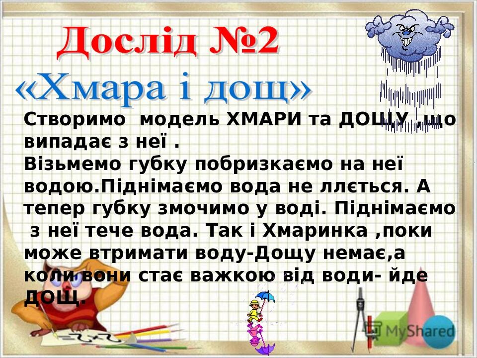 Створимо модель ХМАРИ та ДОЩУ ,що випадає з неї . Візьмемо губку побризкаємо на неї водою.Піднімаємо вода не ллється. А тепер губку змочимо у воді....