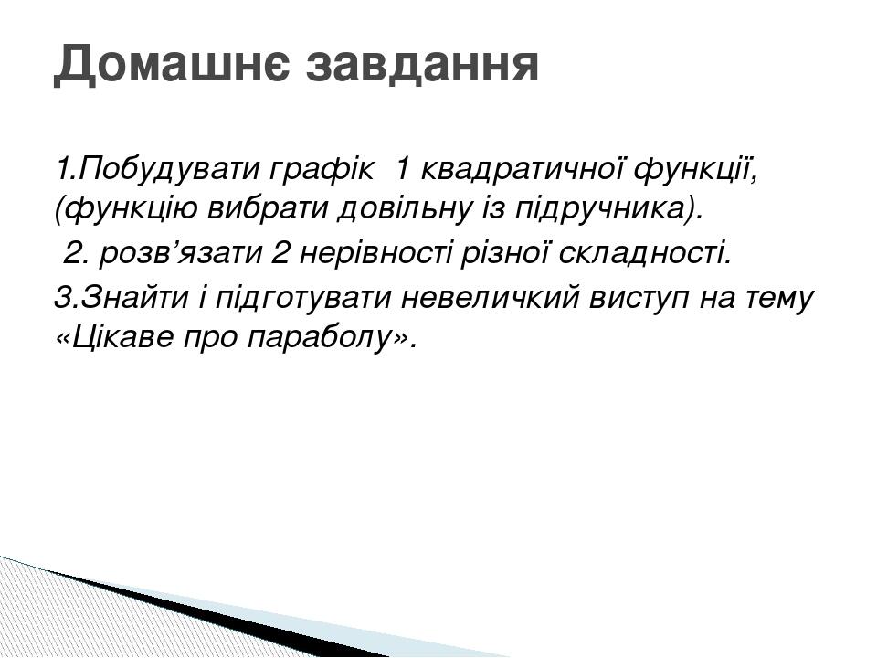 1.Побудувати графік 1 квадратичної функції, (функцію вибрати довільну із підручника). 2. розв’язати 2 нерівності різної складності. 3.Знайти і підг...