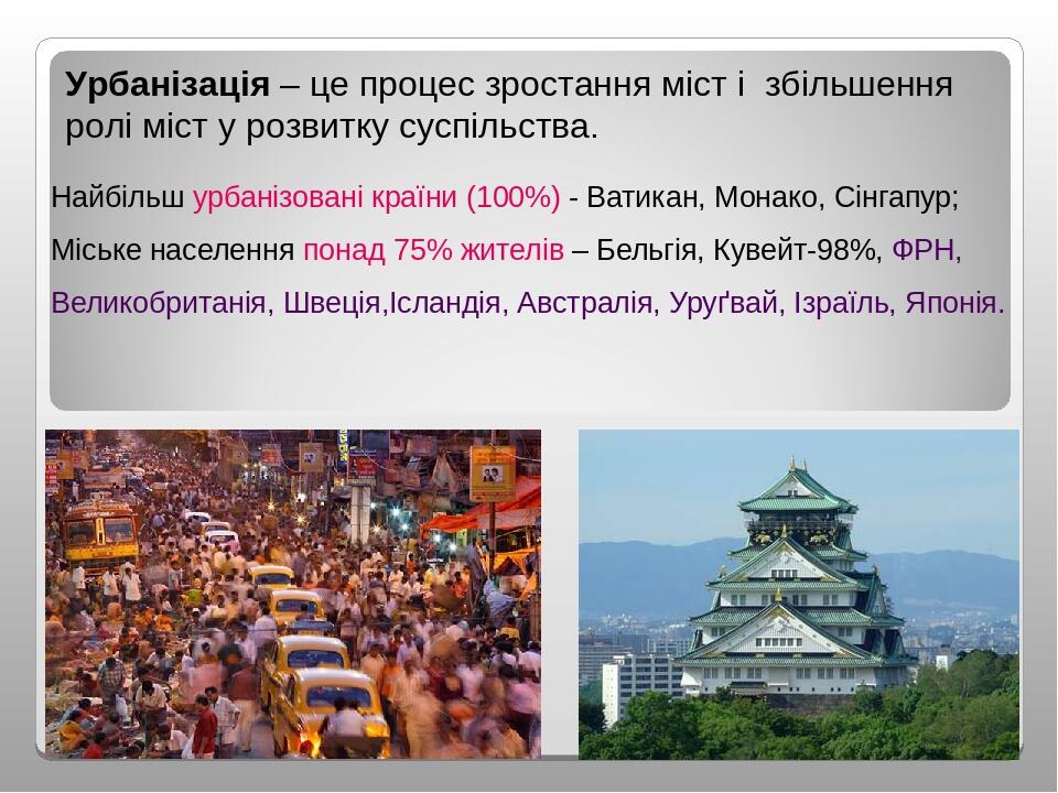 Презентація з географії для 8 класу з теми "Урбанізація. Міські агломерації. Мегалополіси. Світові міста."