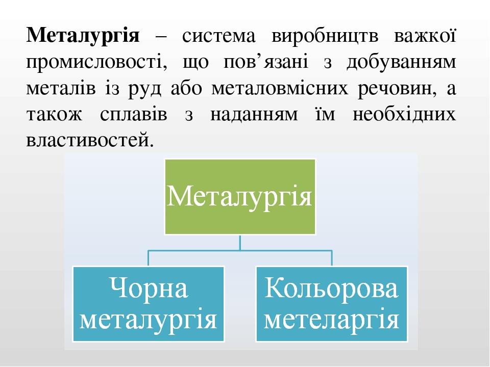 Металургія – система виробництв важкої промисловості, що пов’язані з добуванням металів із руд або металовмісних речовин, а також сплавів з надання...