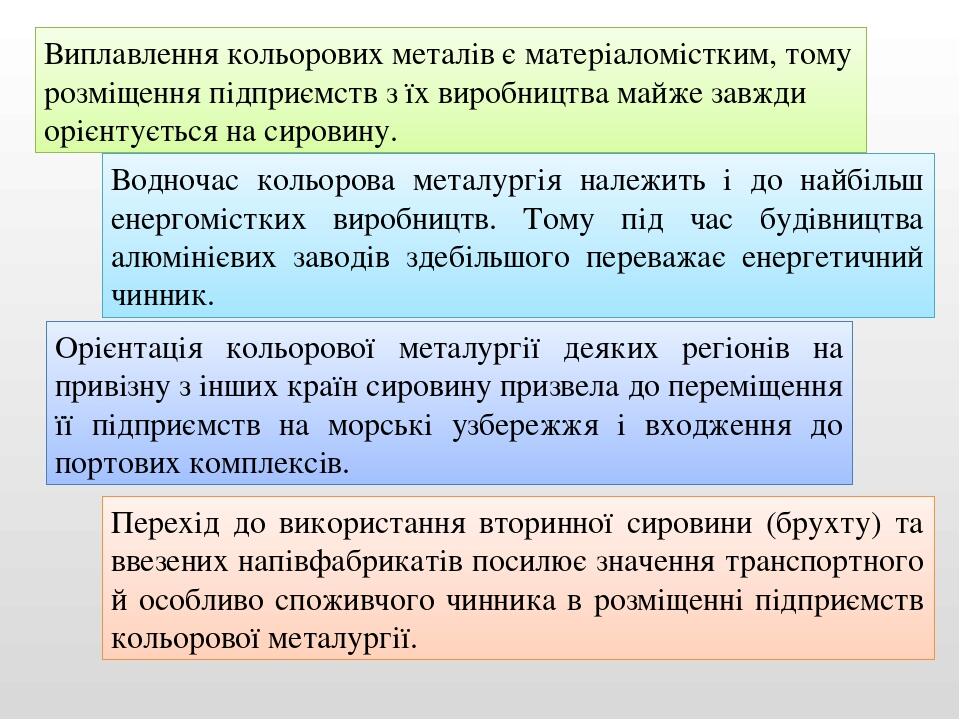 Виплавлення кольорових металів є матеріаломістким, тому розміщення підприємств з їх виробництва майже завжди орієнтується на сировину. Водночас кол...