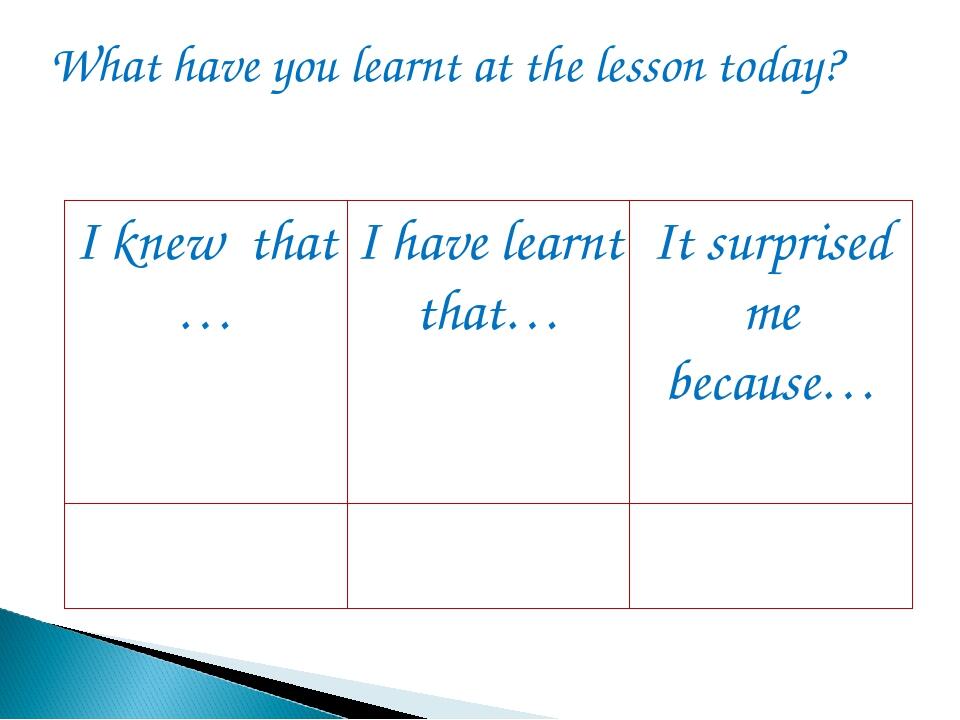 What have you learnt at the lesson today? I knew that … I have learnt that… It surprised me because…