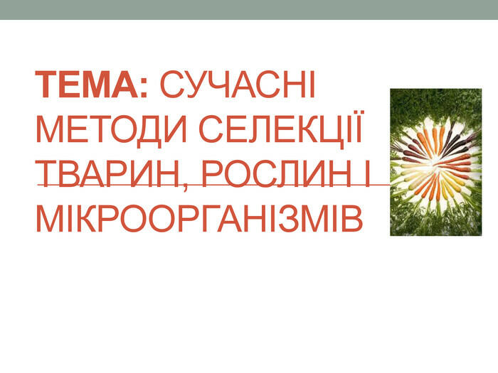 Тема: Сучасні методи селекції тварин, рослин і мікроорганізмів