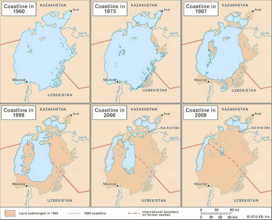 На зображенні може бути: map та текст «Coastline in 1960 KAZAKHSTAN Aral Coastlinein 1973 KAZAKHSTAN Aral Coastline 1987 Darya KAZAKHSTAN Aral Darya Darya UZBEKISTAN Coastline in 1999 Muynoq KAZAKHSTAN UZBEKISTAN Aral Coastline in 2006 KAZAKHSTAN UZBEKISTAN Aral Coastline in 2009 KAZAKHSTAN Kok-Ara Dike Aral Darya Kok-AralDike Mũynoa. Darya Müynoq UZBEKISTAN Land submerged in 960 Múynoq. 1960 coastline UZBEKISTAN International boundary former seabed UZBEKISTAN 30 60 60m 30 90km 2010EB»