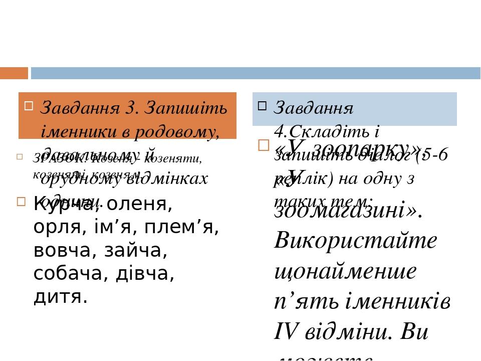 ЗРАЗОК. Козеня - козеняти, козеняті, козеням. Курча, оленя, орля, ім’я, плем’я, вовча, зайча, собача, дівча, дитя. «У зоопарку», «У зоомагазині». В...