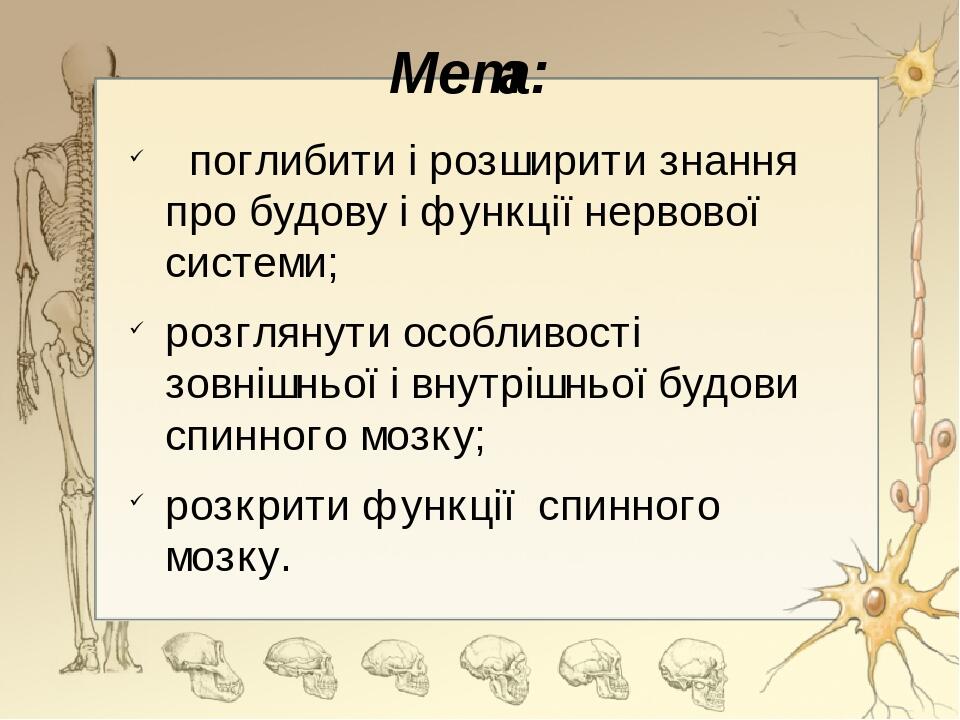 Мета: поглибити і розширити знання про будову і функції нервової системи; розглянути особливості зовнішньої і внутрішньої будови спинного мозку; ро...
