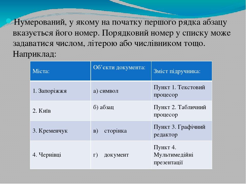 Нумерований, у якому на початку першого рядка абзацу вказується його номер. Порядковий номер у списку може задаватися числом, літерою або числівник...