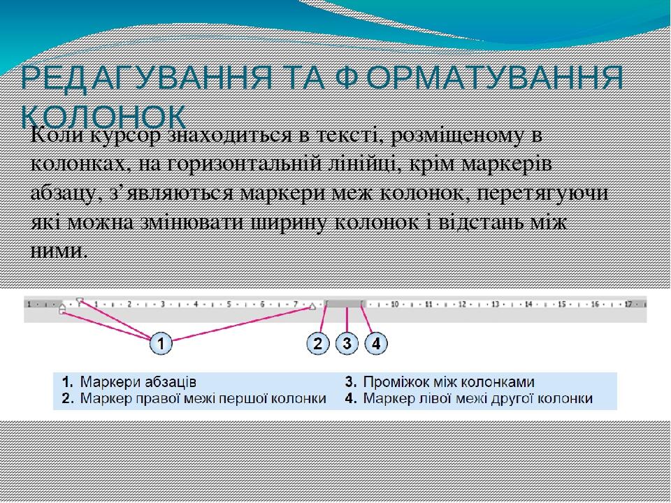 РЕДАГУВАННЯ ТА ФОРМАТУВАННЯ КОЛОНОК Коли курсор знаходиться в тексті, розміщеному в колонках, на горизонтальній лінійці, крім маркерів абзацу, з’яв...