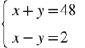 <math xmlns="http://www.w3.org/1998/Math/MathML"><mfenced open="{" close=""><mtable columnalign="left"><mtr><mtd><mi>х</mi><mo>+</mo><mi>у</mi><mo>=</mo><mn>48</mn></mtd></mtr><mtr><mtd><mi>х</mi><mo>-</mo><mi>у</mi><mo>=</mo><mn>2</mn></mtd></mtr></mtable></mfenced></math>