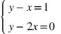 <math xmlns="http://www.w3.org/1998/Math/MathML"><mfenced open="{" close=""><mtable columnalign="left"><mtr><mtd><mi>у</mi><mo>-</mo><mi>х</mi><mo>=</mo><mn>1</mn></mtd></mtr><mtr><mtd><mi>у</mi><mo>-</mo><mn>2</mn><mi>х</mi><mo>=</mo><mn>0</mn></mtd></mtr></mtable></mfenced></math>