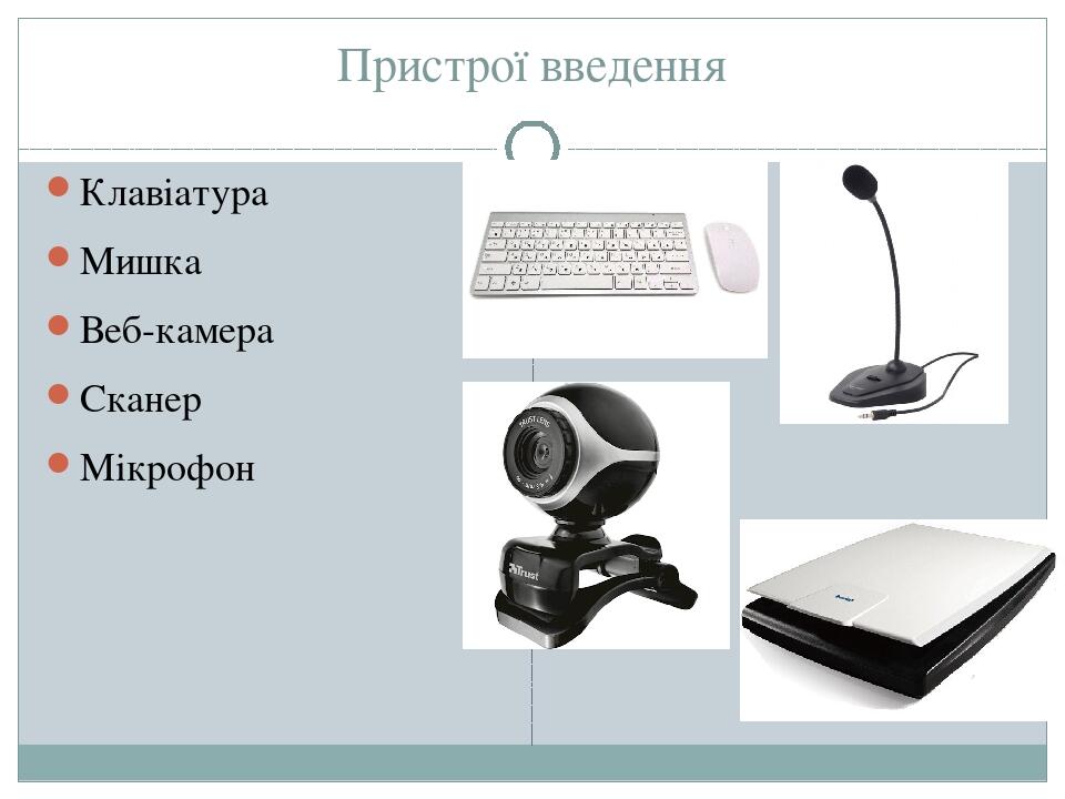 Пристрої введення Клавіатура Мишка Веб-камера Сканер Мікрофон