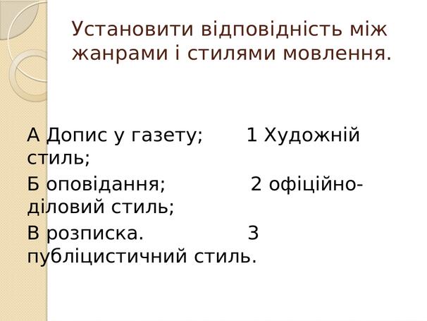 Установити відповідність між жанрами і стилями мовлення. А Допис у газету; 1 Художній стиль; Б оповідання; 2 офіційно-діловий стиль; В розписка. 3 ...