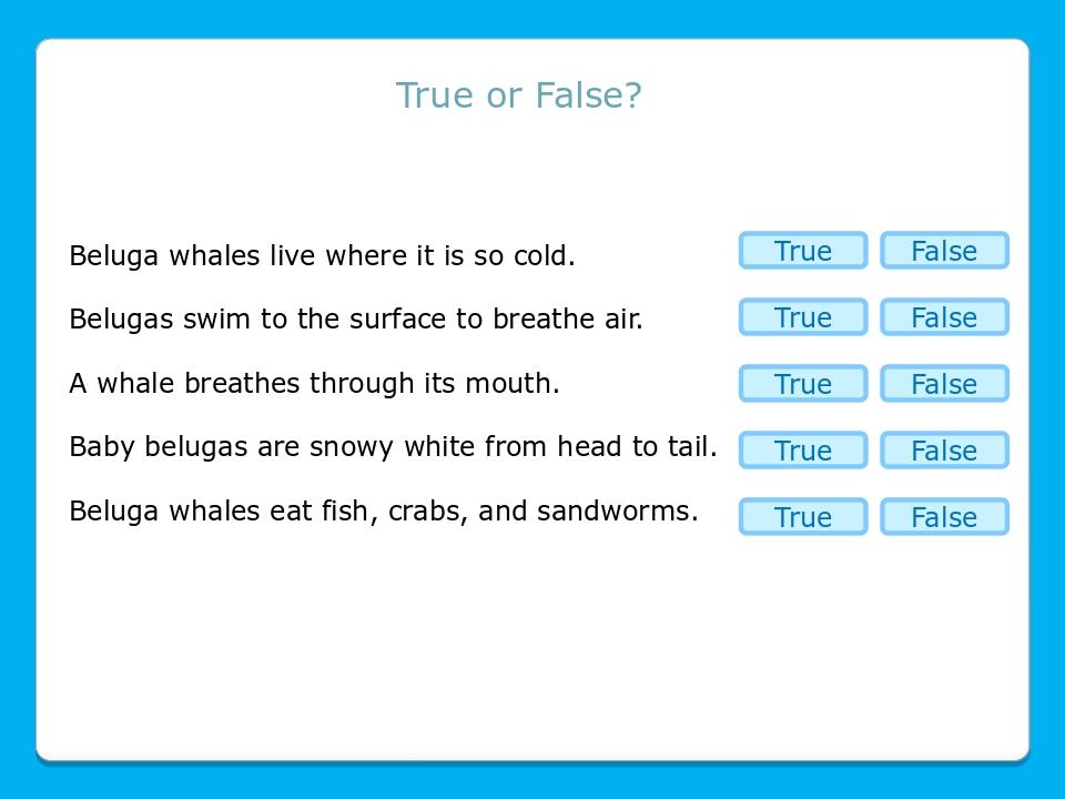 True or False? Beluga whales live where it is so cold. Belugas swim to the surface to breathe air. A whale breathes through its mouth. Baby belugas...