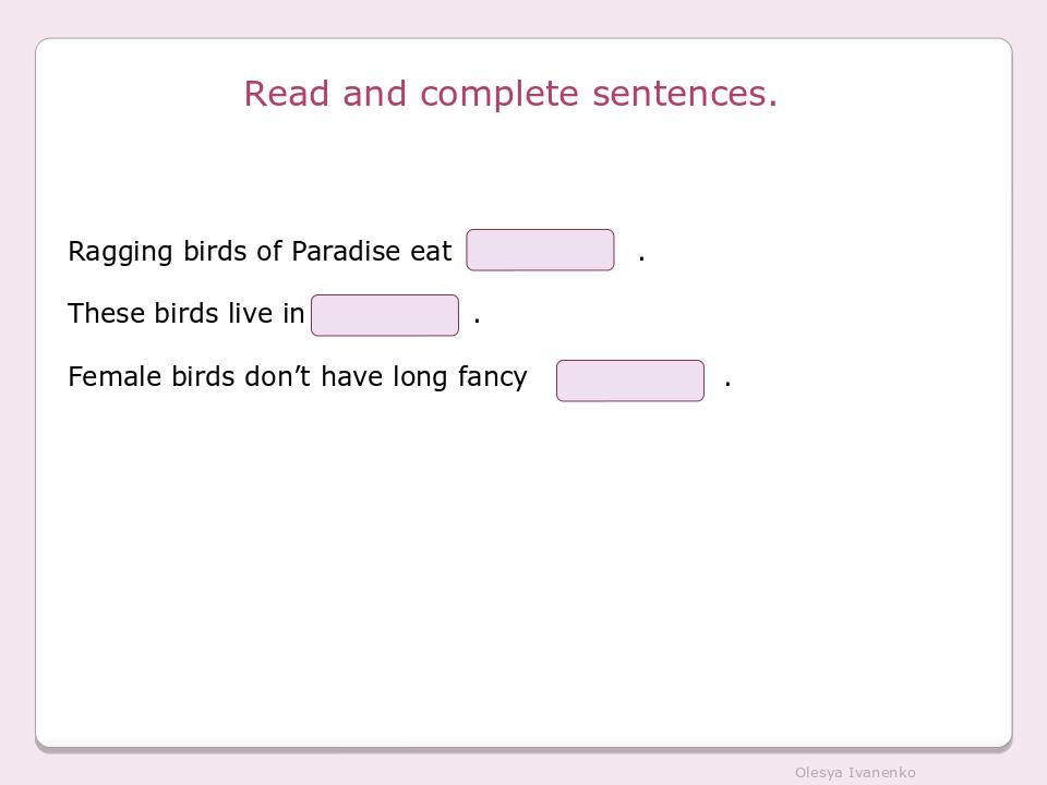 Read and complete sentences. Ragging birds of Paradise eat . These birds live in . Female birds don’t have long fancy . Olesya Ivanenko