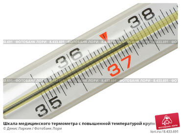 Шкала медицинского термометра с повышенной температурой крупным планом.  Стоковое фото № 8433691, фотограф Денис Ларкин / Фотобанк Лори