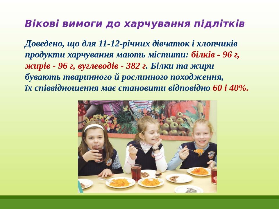 Вікові вимоги до харчування підлітків До­ведено, що для 11-12-річних дівчаток і хлопчиків про­дукти харчування мають містити: білків - 96 г, жирів ...