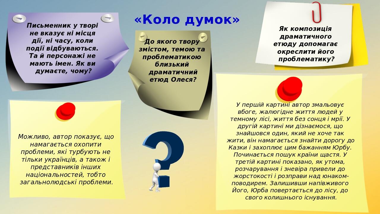 Письменник у творі не вказує ні місця дії, ні часу, коли події відбуваються. Та й персонажі не мають імен. Як ви думаєте, чому? Як композиція драма...