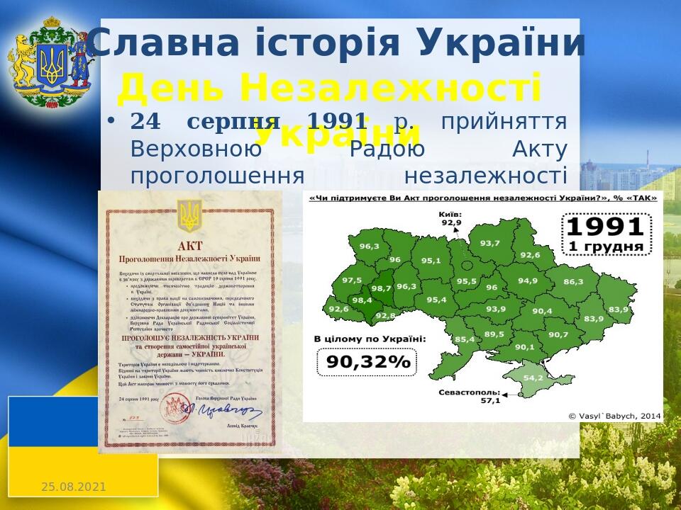 Славна історія України День Незалежності України 24 серпня 1991 р. прийняття Верховною Радою Акту проголошення незалежності України.