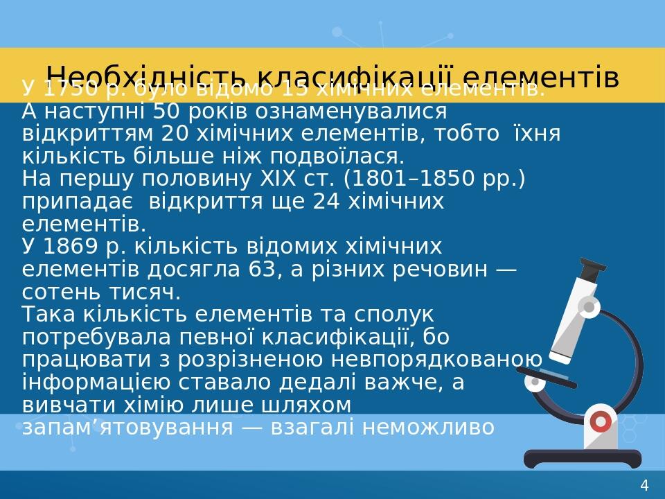 Необхідність класифікації елементів У 1750 р. було відомо 15 хімічних елементів. А наступні 50 років ознаменувалися відкриттям 20 хімічних елементі...