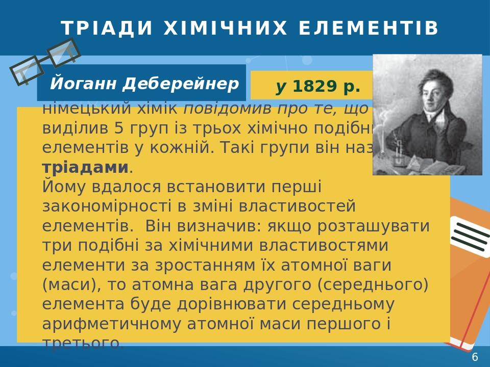 ТРІАДИ ХІМІЧНИХ ЕЛЕМЕНТІВ німецький хімік повідомив про те, що він виділив 5 груп із трьох хімічно подібних елементів у кожній. Такі групи він назв...