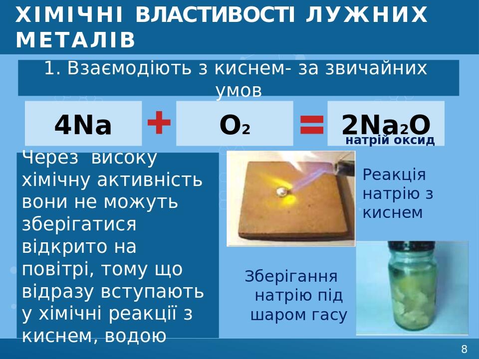ХІМІЧНІ ВЛАСТИВОСТІ ЛУЖНИХ МЕТАЛІВ 1. Взаємодіють з киснем- за звичайних умов 4Na O2 2Na2O Через високу хімічну активність вони не можуть зберігати...