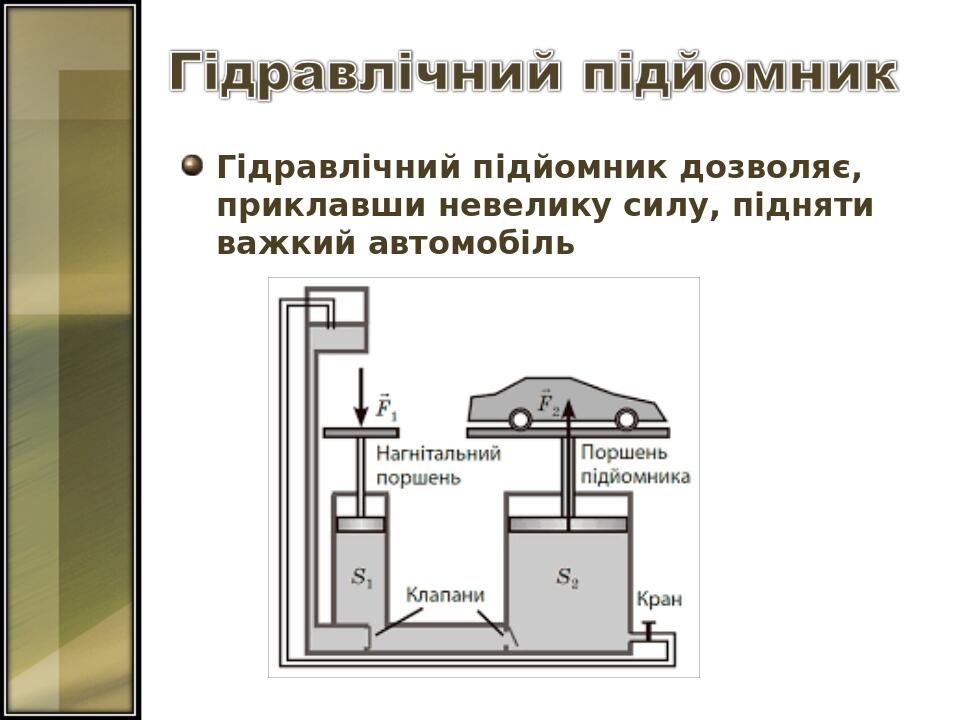 Гідравлічний підйомник дозволяє, приклавши невелику силу, підняти важкий автомобіль
