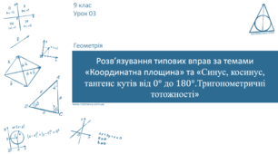 Презентація уроку геометрії 9 клас "Розв’язування типових вправ за темами «Координатна площина» та «Синус, косинус, тангенс кутів від 0° до 180°.Тригонометричні тотожності»"