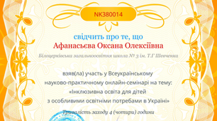 Участь у Всеукраїнському науково-практичному онлайн-семінарі на тему: "Інклюзивна освіта для дітей з особливими освітніми потребами в Україні"