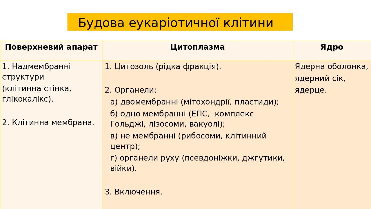 Будова еукаріотичної клітини Поверхневий апарат Цитоплазма Ядро 1.Надмембранніструктури (клітинна стінка, глікокалікс). 2. Клітиннамембрана.   1.Ци...