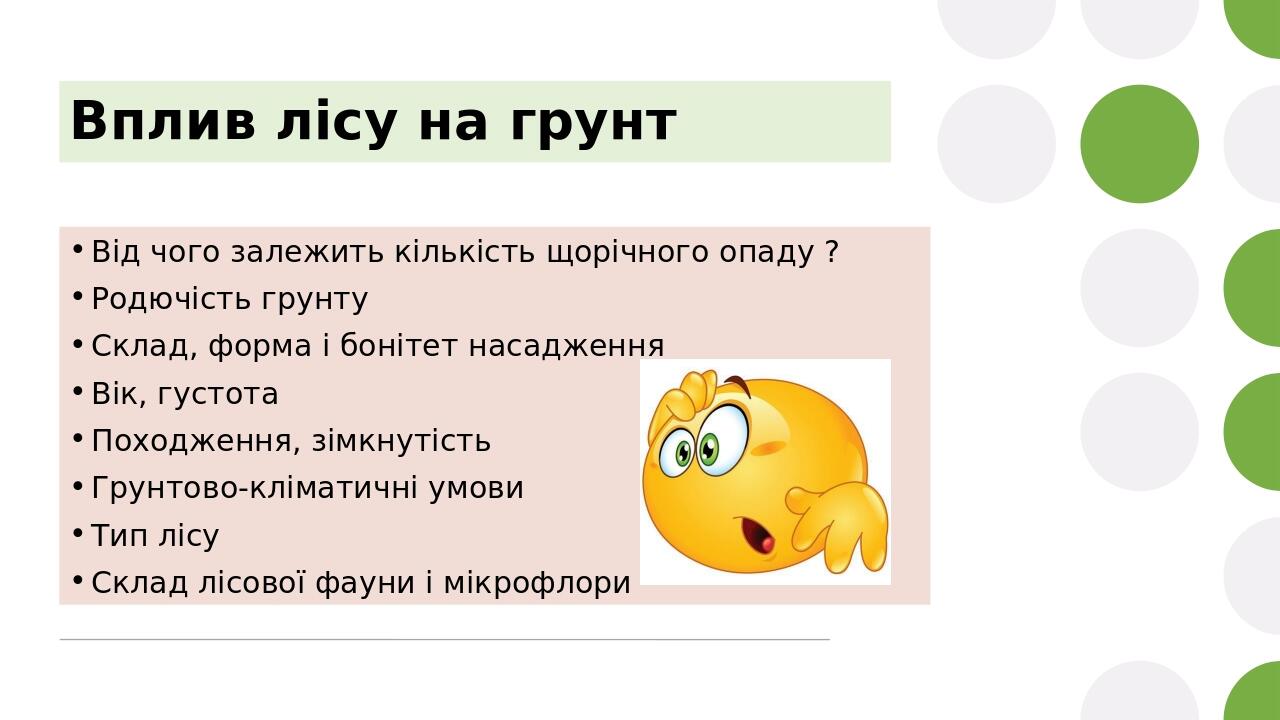 Вплив лісу на грунт Від чого залежить кількість щорічного опаду ? Родючість грунту Склад, форма і бонітет насадження Вік, густота Походження, зімкн...