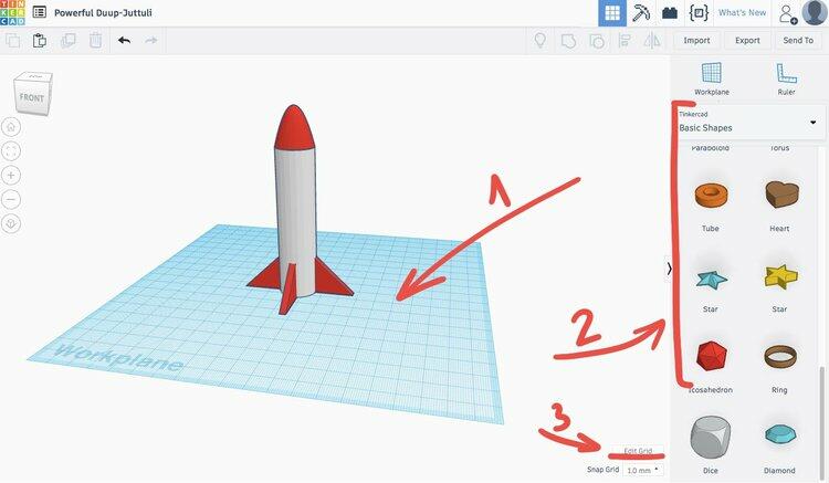 (1) — рабочая плоскость для моделирования Workplane, (2) — панель фигур, (3) — настройки сетки рабочей плоскости
