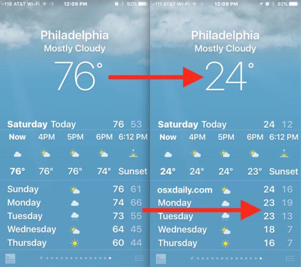 How to Change Weather Temperature from Fahrenheit to Celsius on iPhone | OSXDaily