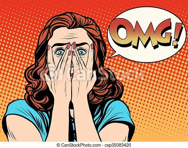 Surprised, shocked, женщина, omg. Surprised, вау, shocked, omg, девушка, style., emotions., эффект, поп, ретро, | CanStock