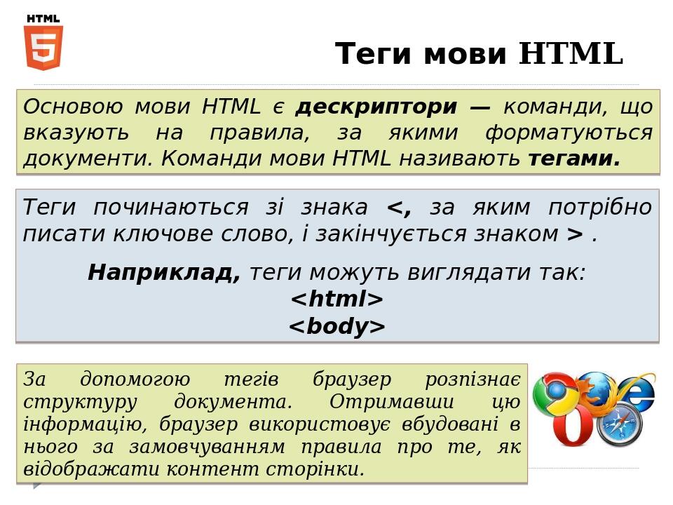 Теги мови HTML Основою мови HTML є дескриптори — команди, що вказують на правила, за якими форматуються документи. Команди мови HTML називають тега...
