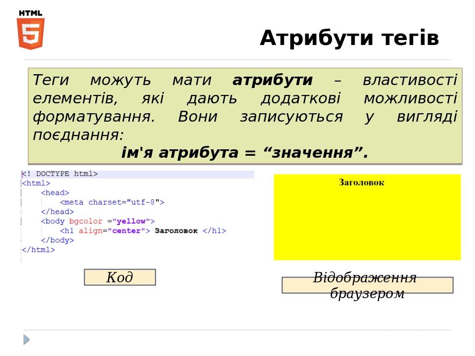 Атрибути тегів Теги можуть мати атрибути – властивості елементів, які дають додаткові можливості форматування. Вони записуються у вигляді поєднання...