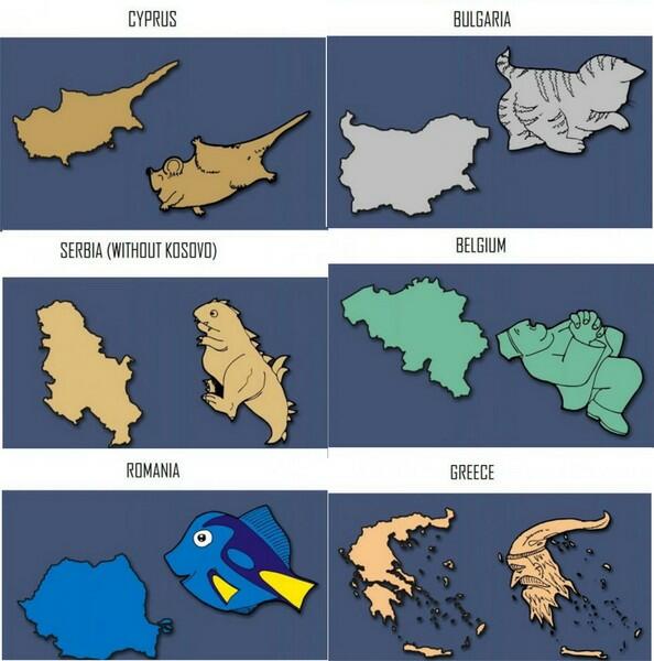 Смешные карты. На что похожи карты стран. На что похожи страны европы. Контуры стран в виде животных. Смешные контуры стран.