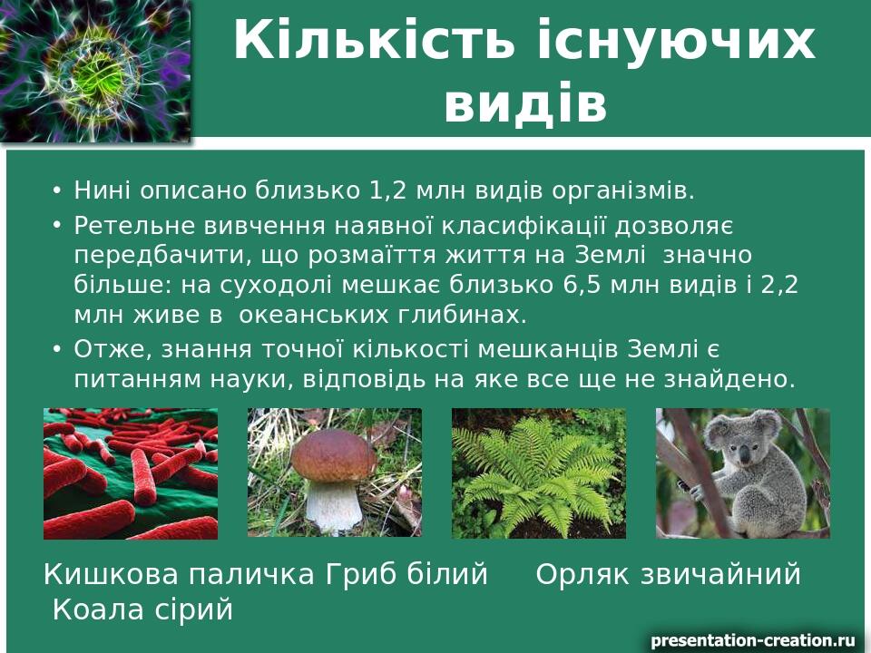 Кількість існуючих видів Нині описано близько 1,2 млн видів організмів. Ретельне вивчення наявної класифікації дозволяє передбачити, що розмаїття ж...