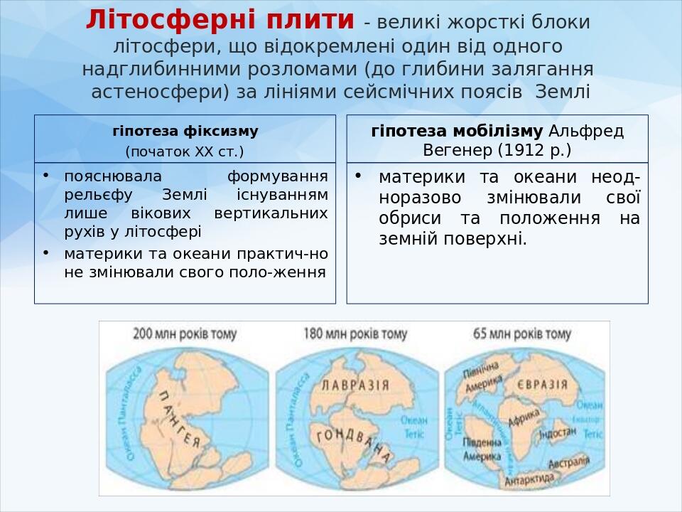Літосферні плити - великі жорсткі блоки літосфери, що відокремлені один від одного надглибинними розломами (до глибини залягання астеносфери) за лі...