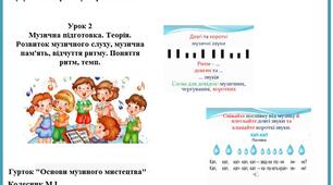 Музична підготовка. Теорія. Розвиток музичного слуху, музична пам'ять, відчуття ритму. Поняття ритм, темп.
