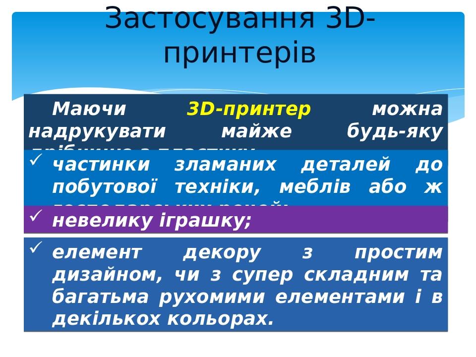 Застосування 3D-принтерів Маючи 3D-принтер можна надрукувати майже будь-яку дрібницю з пластику частинки зламаних деталей до побутової техніки, меб...