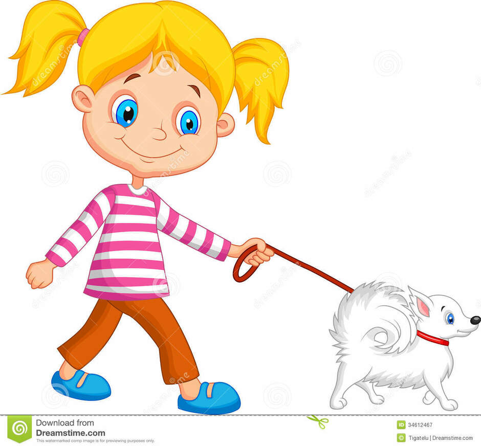 Cute Cartoon Girl Walking with Dog Stock Vector - Illustration of leash, girl: 34612467