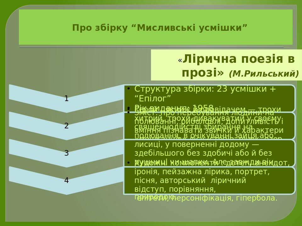 Про збірку “Мисливські усмішки” «Лірична поезія в прозі» (М.Рильський)