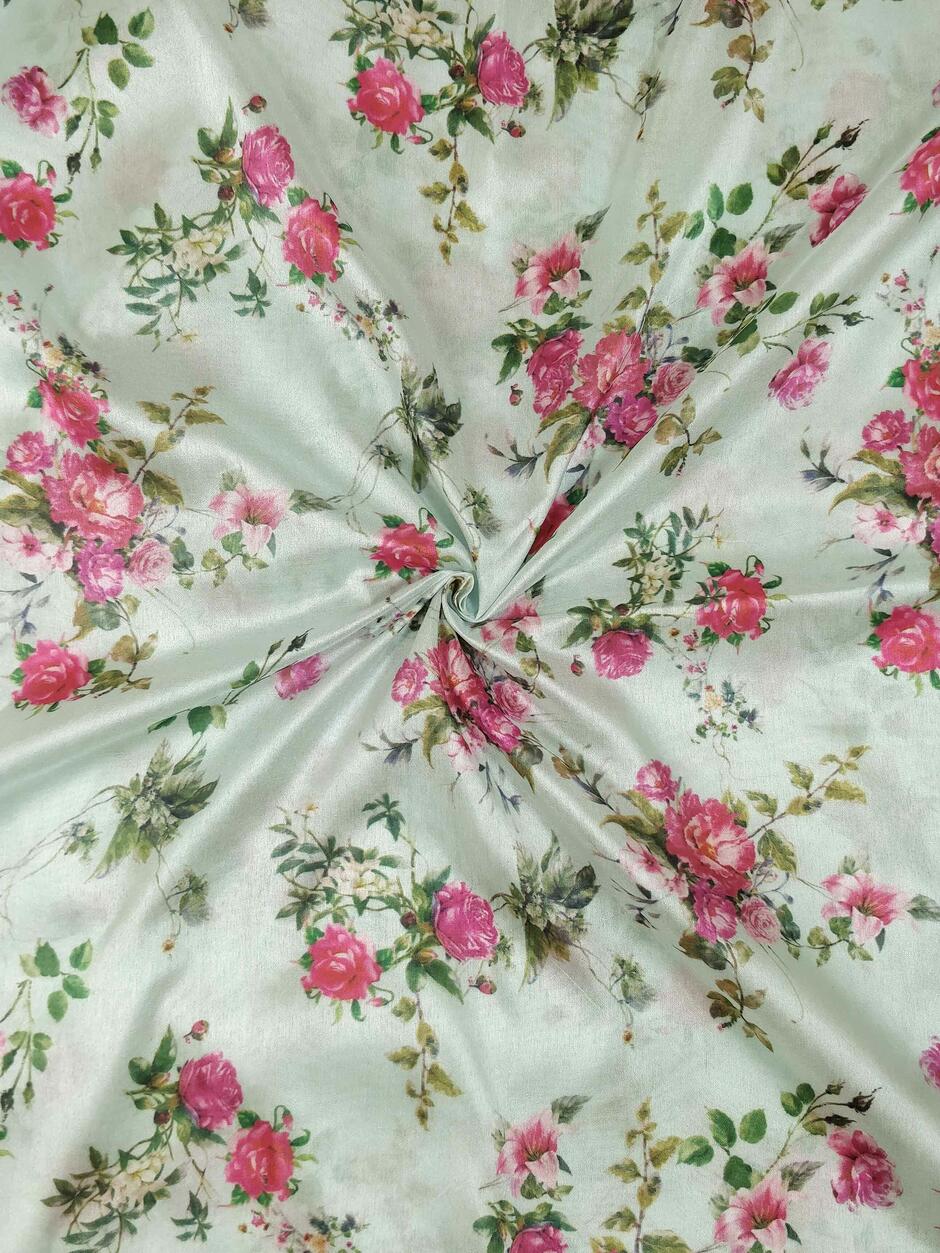 Banarasee Semi-Silk With Digital Floral Print-Pastel Green
