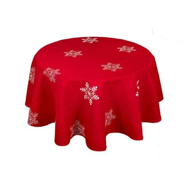 Xia Home Fashions 90 in. Snowy Noel Embroidered Snowflake Christmas Round Tablecloth in Red and White-XD141039000 - The Home Depot