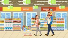 Family Shopping in Supermarket With Product Cart. Fun Cartoon Characters. Parents and Child at Shop by TeraVector
