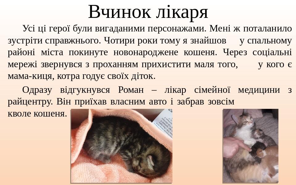 Вчинок лікаря Усі ці герої були вигаданими персонажами. Мені ж поталанило зустріти справжнього. Чотири роки тому я знайшов у спальному районі міста...