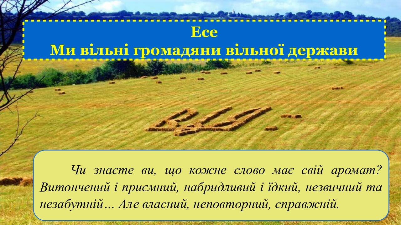 Есе Ми вільні громадяни вільної держави Чи знаєте ви, що кожне слово має свій аромат? Витончений і приємний, набридливий і їдкий, незвичний та неза...
