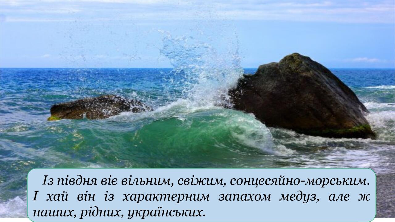 Із півдня віє вільним, свіжим, сонцесяйно-морським. І хай він із характерним запахом медуз, але ж наших, рідних, українських.