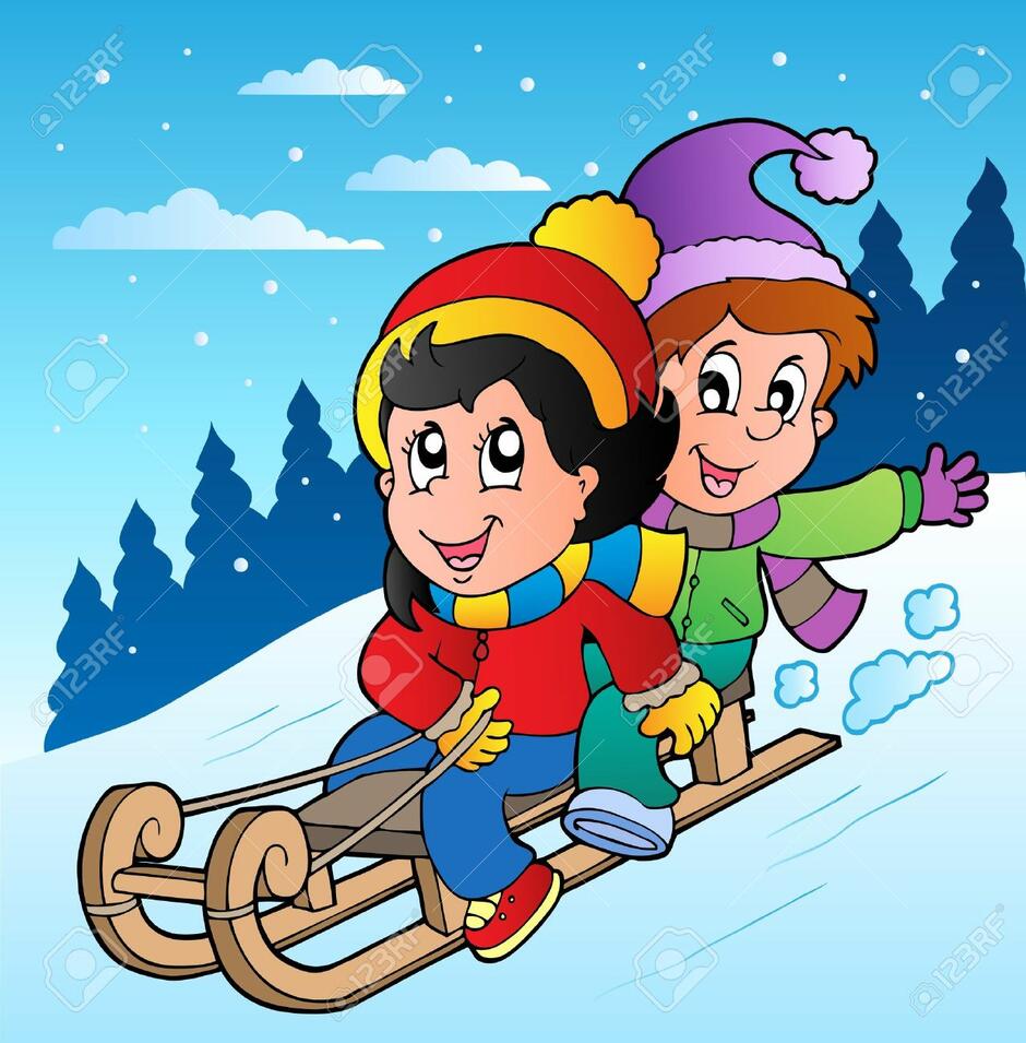 Winter Scene With Kids On Sledge - Vector Illustration. Клипарты, векторы, и Набор Иллюстраций Без Оплаты Отчислений. Image 11124992.