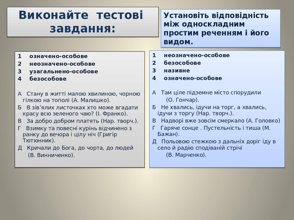 Виконайте тестові завдання: 1 означено-особове 2 неозначено-особове 3 узагальнено-особове 4 безособове А Стану в житті малою хвилиною, чорною гілко...